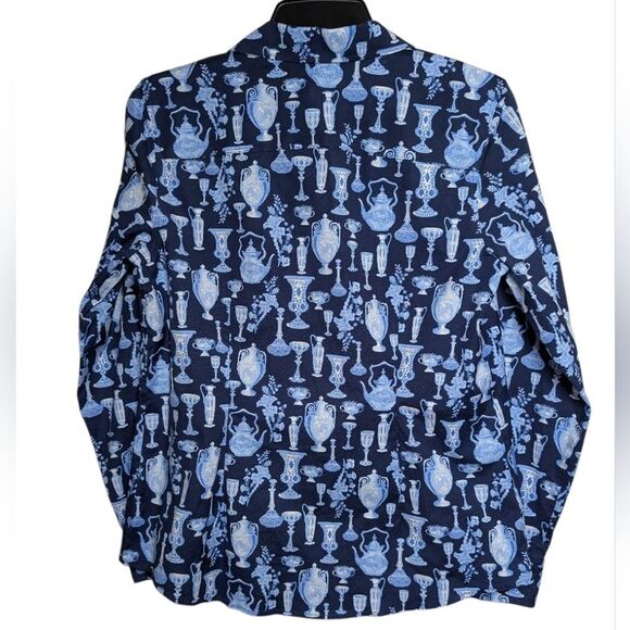 Talbots Blue Antique Vases Perfect Button Down Blouse Shirt Womens 8 - Picture 3 of 5